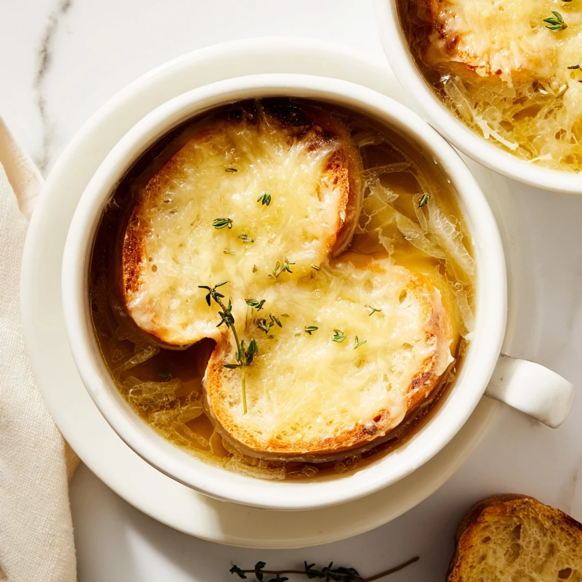 Creamy slow cooker French onion soup bowl with caramelized onions, toasted bread slices, and rich cheese layer