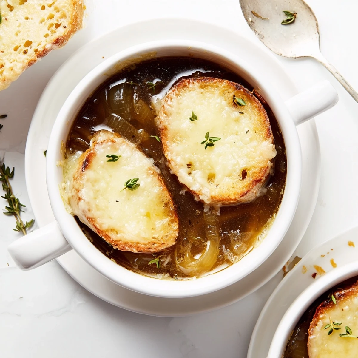Golden brown slow cooker French onion soup topped with bubbling melted Gruyère cheese and crusty baguette