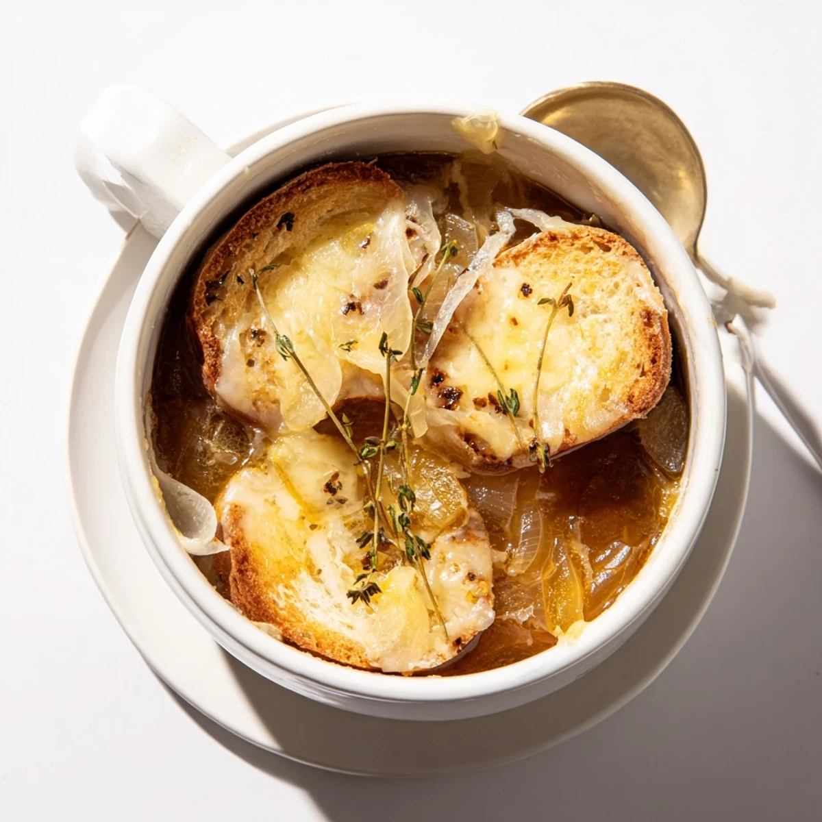 Steaming slow cooker French onion soup served in rustic white bowl with golden bread and melted cheese topping