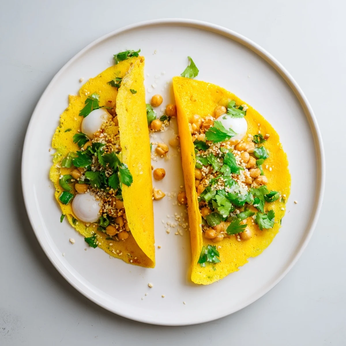 Golden Mont Lin Ma Yar pancakes filled with quail eggs and chickpeas, garnished with fresh cilantro and sesame seeds