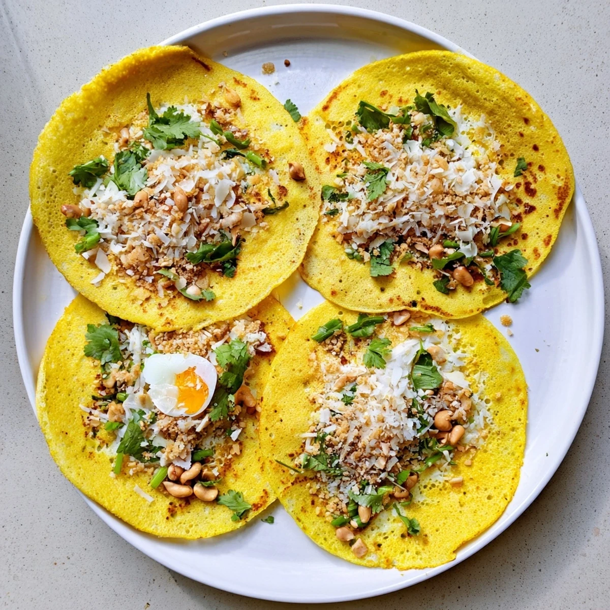 Vibrant Mont Lin Ma Yar rice flour pancakes cooking in a takoyaki pan, topped with colorful herbs and golden egg yolks