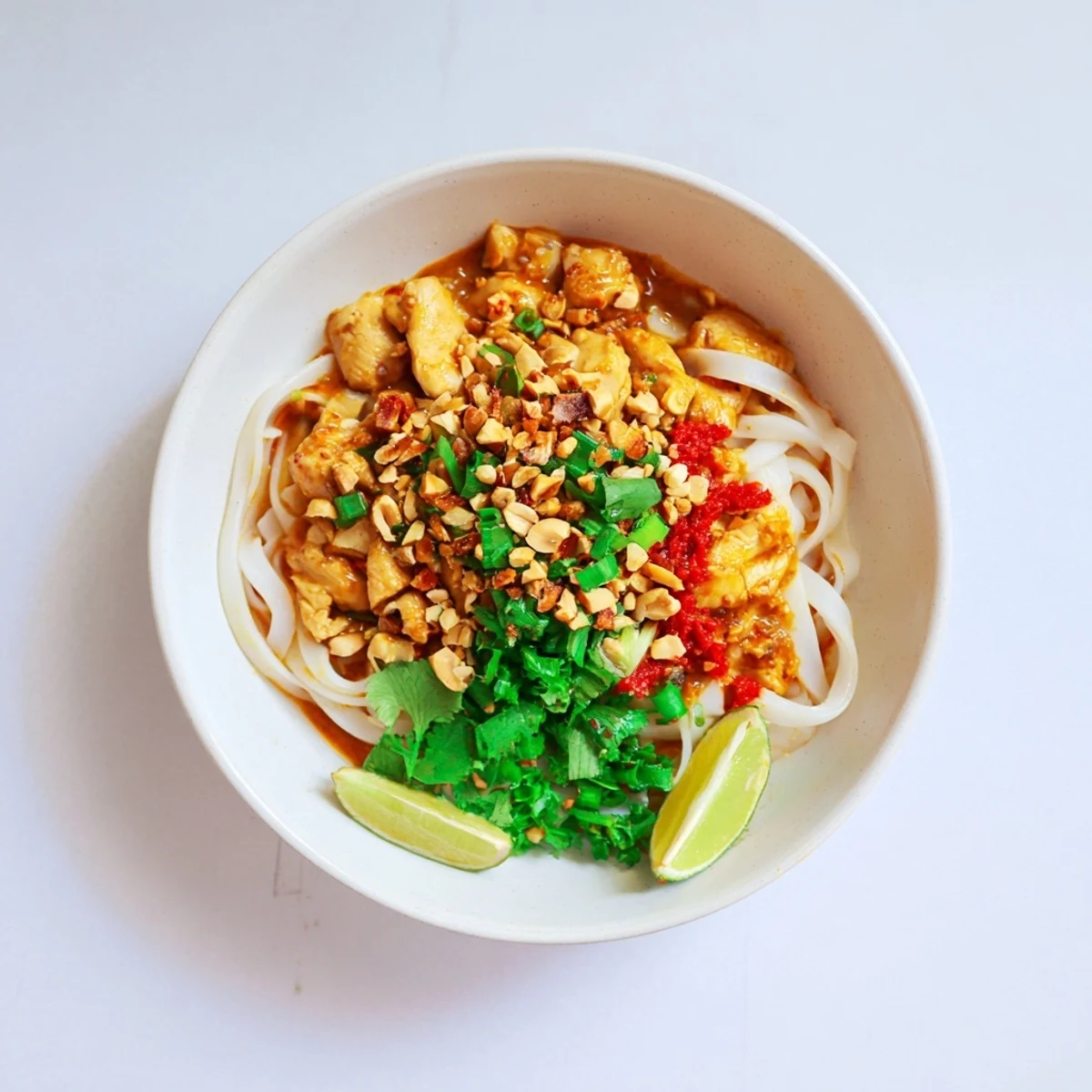 Steaming bowl of Shan noodles with tender chicken in savory tomato sauce topped with crunchy peanuts
