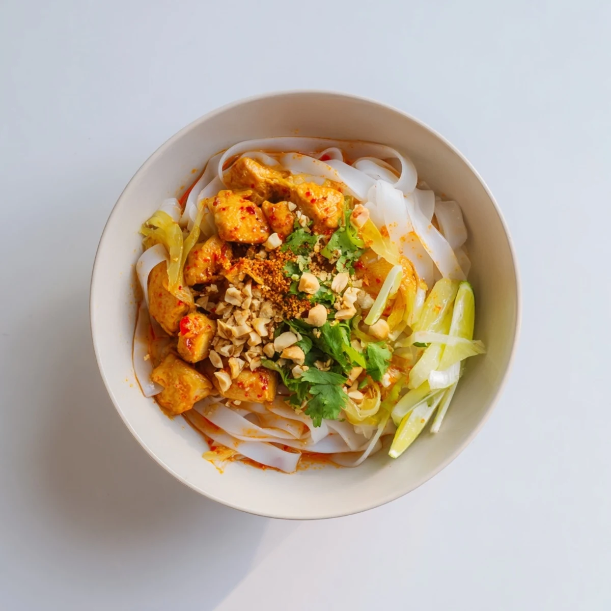 Comforting Burmese Shan noodles featuring rice noodles in rich spiced chicken sauce with vibrant toppings