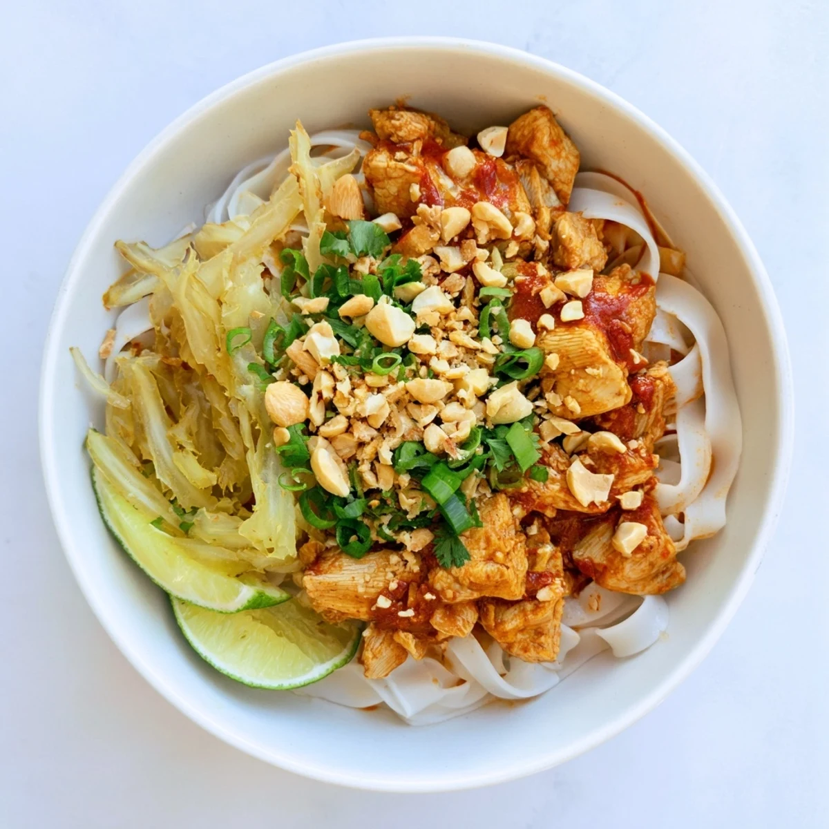 Golden Shan noodles garnished with pickled mustard greens, fresh coriander and zesty lime wedges