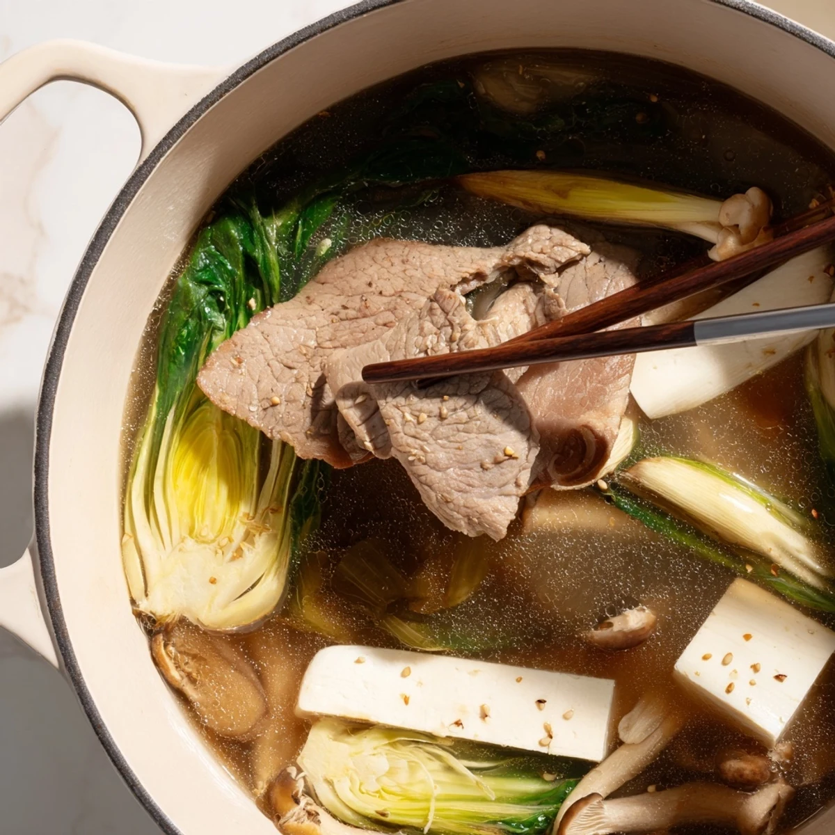 Steaming pot of Japanese Shabu Shabu with thin beef slices, fresh vegetables, tofu cubes, and udon noodles arranged for communal dining