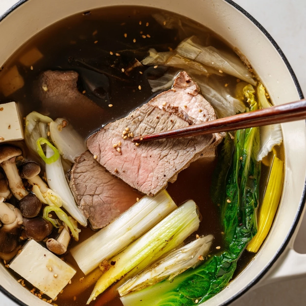 Tabletop hot pot featuring simmering dashi broth surrounded by platters of raw cabbage, spinach, mushrooms, and thinly sliced meats