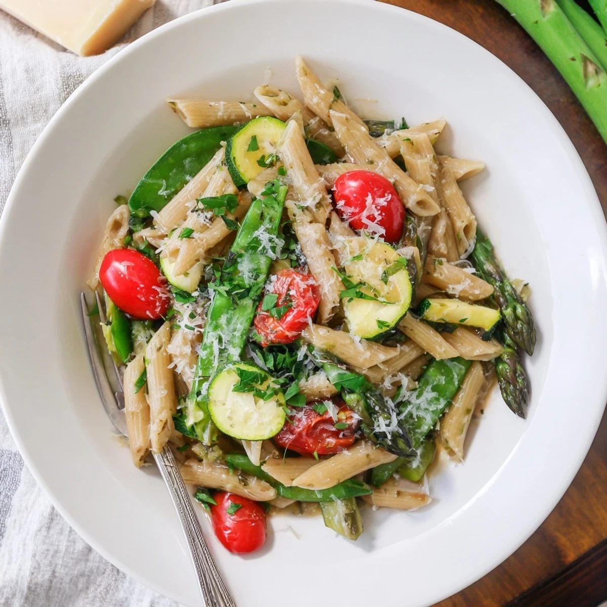 One pot spring vegetable pasta with tender asparagus, snap peas, and cherry tomatoes in a savory broth