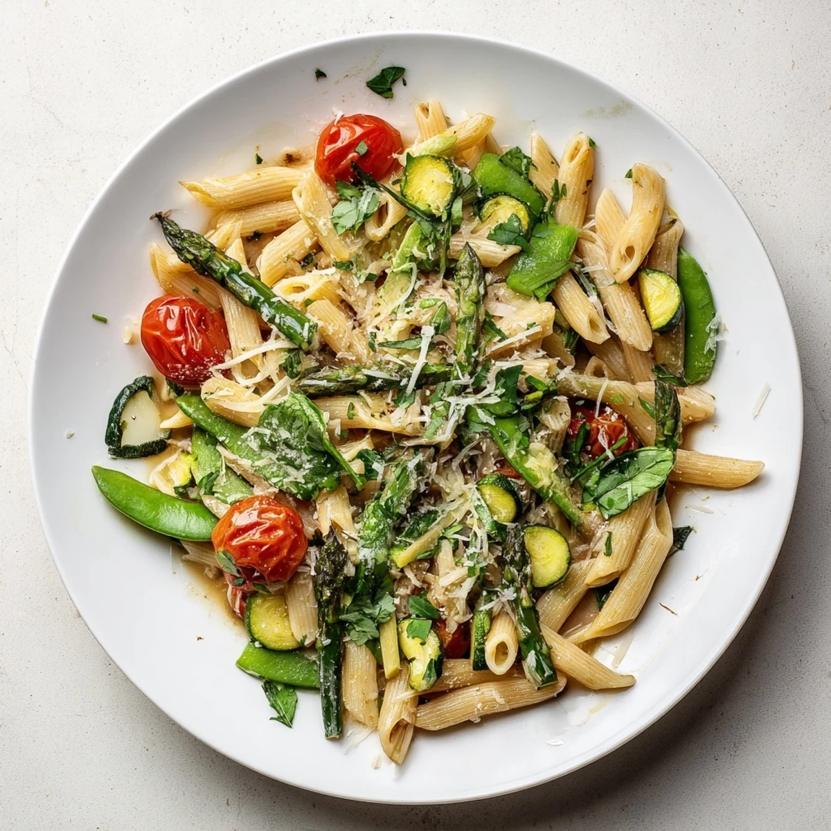 Colorful spring vegetable pasta dish featuring zucchini, spinach, and lemon-parmesan sauce cooked in a single skillet