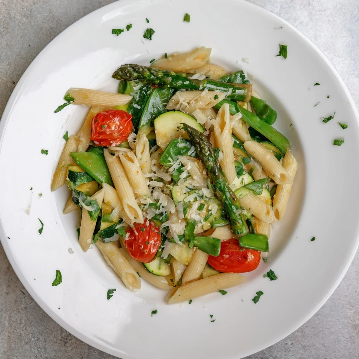 Easy one pot spring vegetable pasta with vibrant seasonal vegetables and fresh herbs served in a shallow bowl