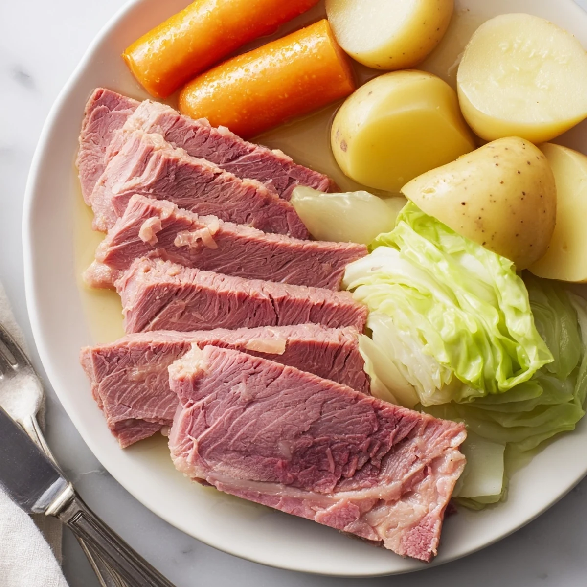 Slow cooker corned beef cabbage plated with tender sliced brisket, carrots, and potatoes in savory broth