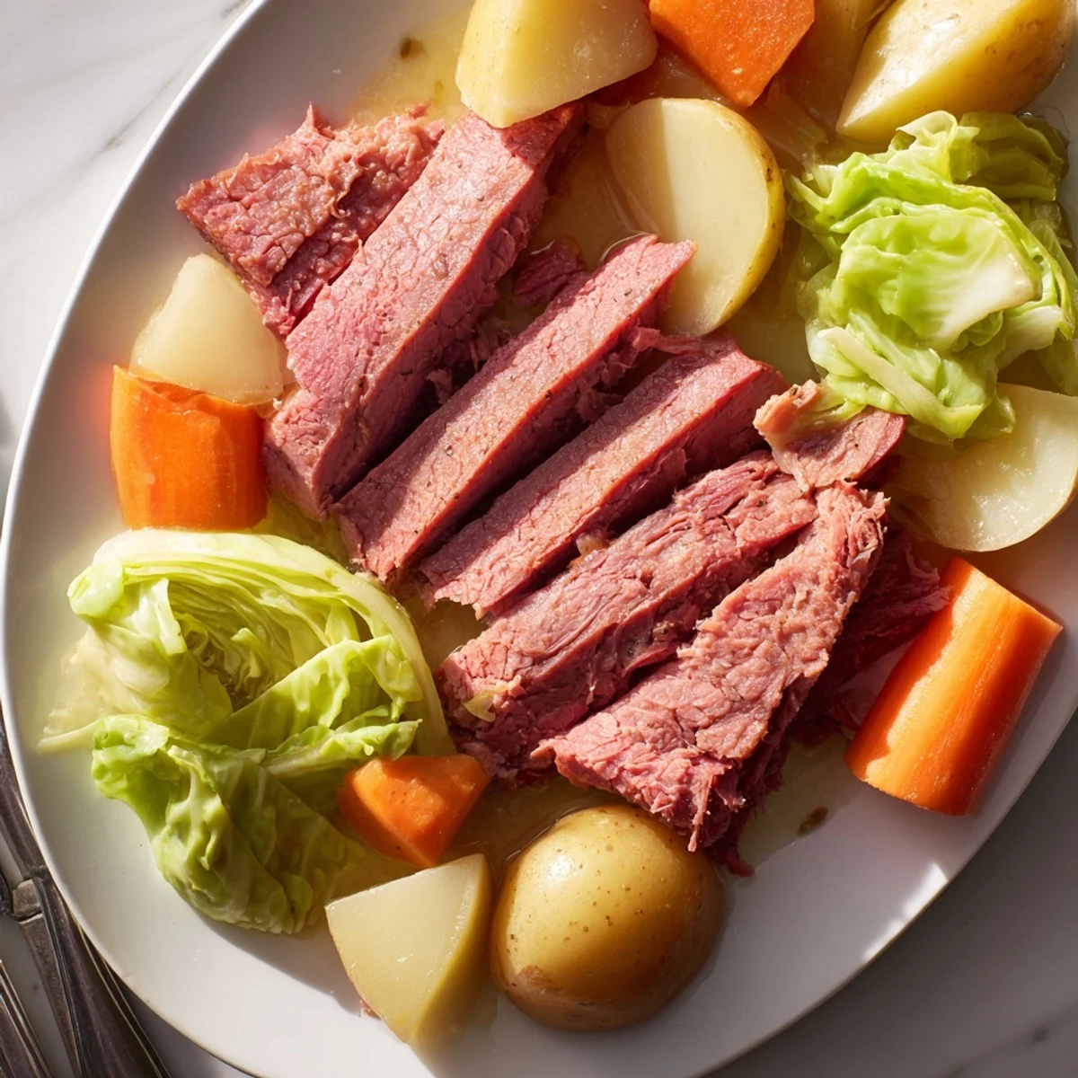 Classic Irish-American corned beef cabbage dinner served with root vegetables and rich beef broth