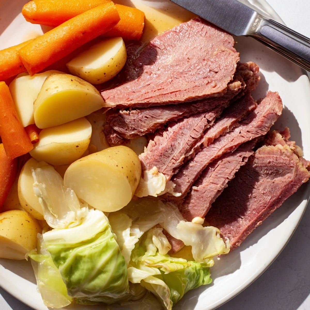 Hearty corned beef and cabbage bowl featuring fork-tender meat alongside golden potatoes and green cabbage wedges