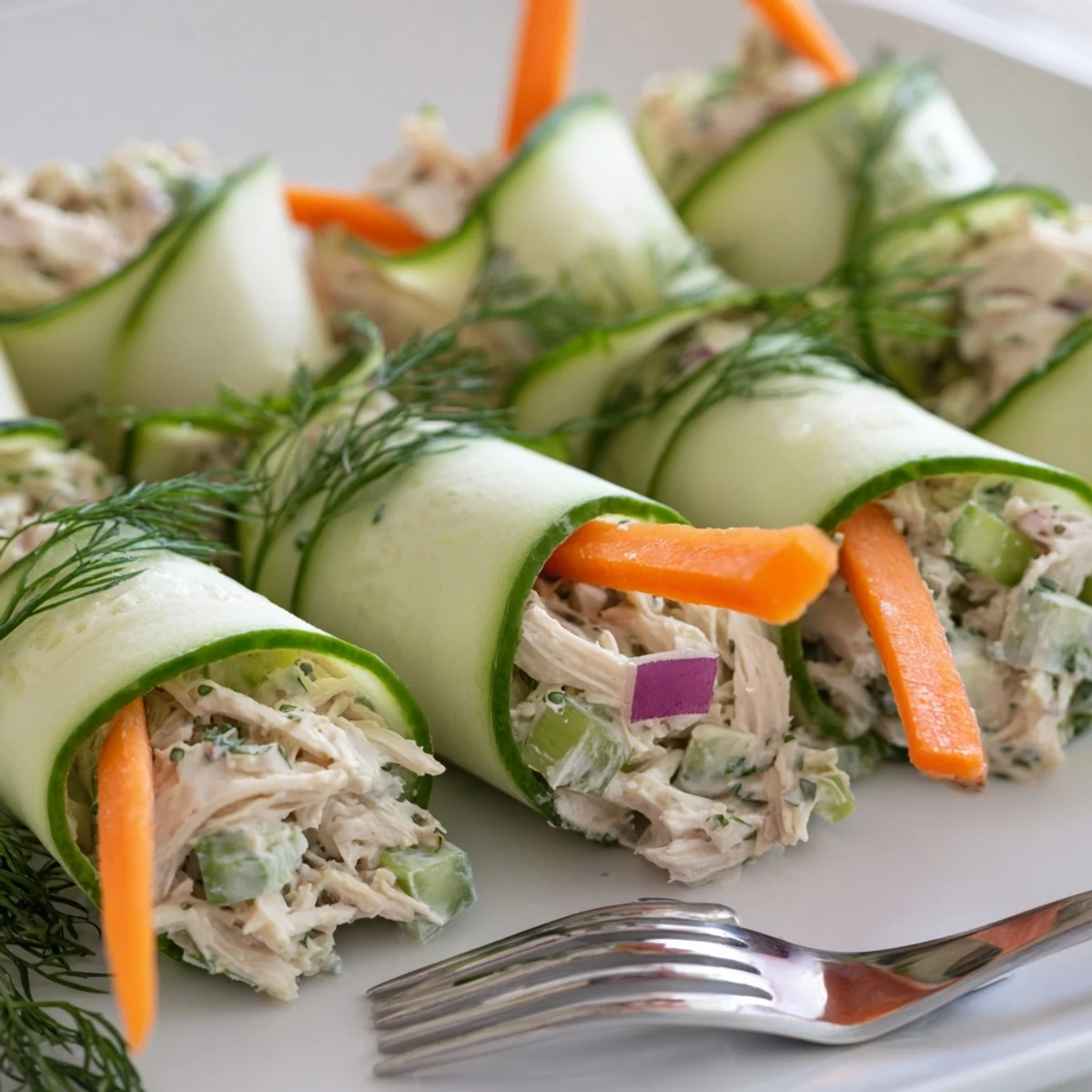 Crisp cucumber slices roll up savory chicken salad filling perfect for parties