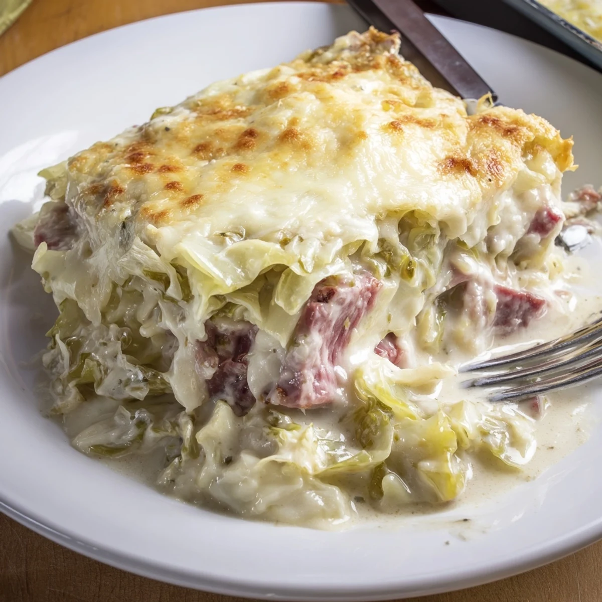 Golden bubbly creamy corned beef cabbage parmesan bake fresh from oven with melted cheese topping