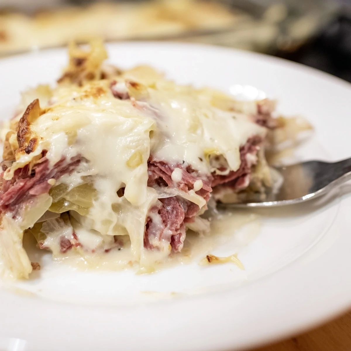 Savory corned beef cabbage parmesan bake casserole with tender shredded cabbage in rich white cheese sauce