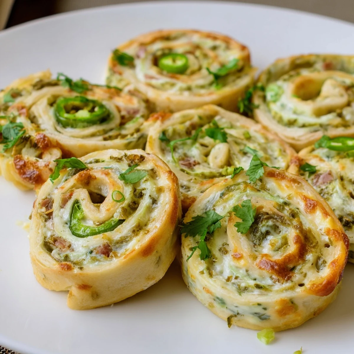 Golden baked Easy Jalapeno Popper Pinwheels arranged on a serving platter with fresh cilantro garnish