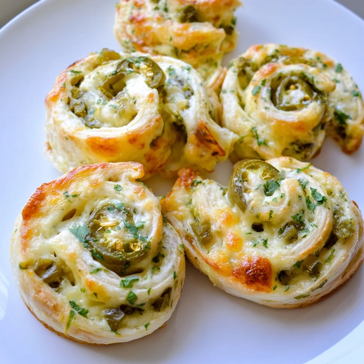  Close up of warm Easy Jalapeno Popper Pinwheels showing melted cheddar and green jalapeño pieces