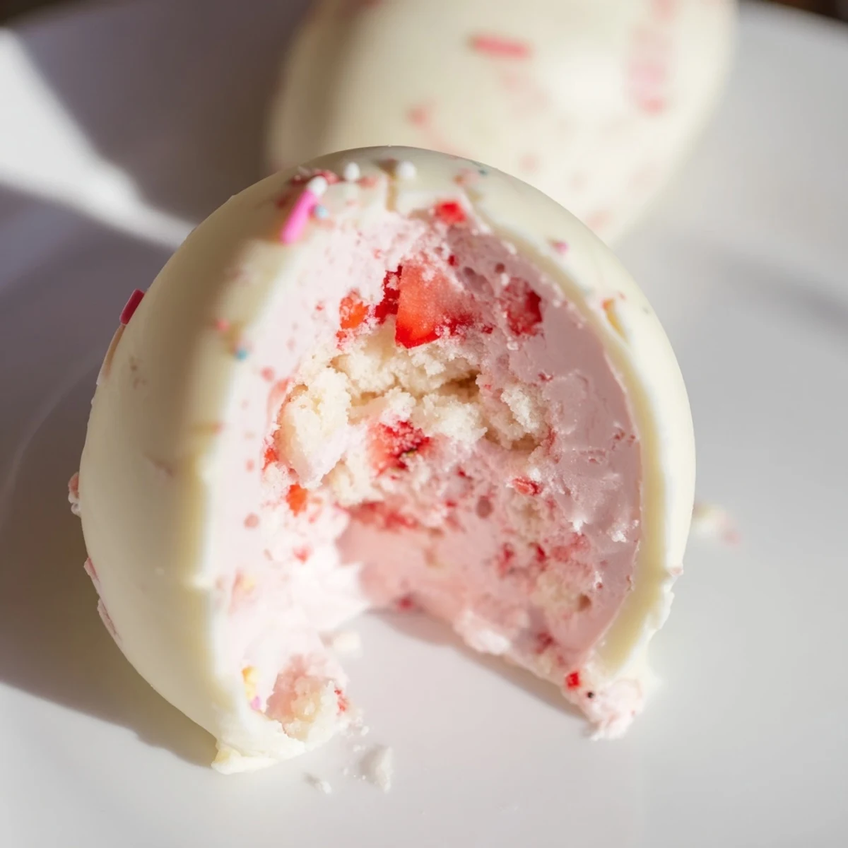 White chocolate Easter egg bombs filled with creamy strawberry shortcake mixture and colorful sprinkles on a white plate
