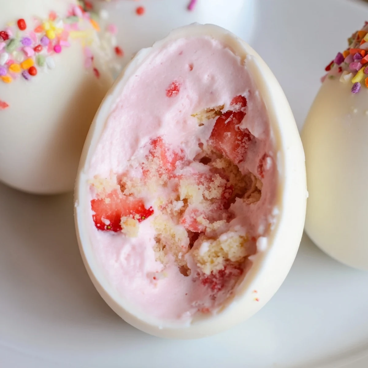 Handheld white chocolate egg shells stuffed with fluffy strawberry cream filling and fresh red strawberry pieces
