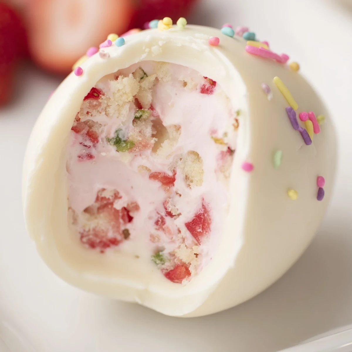 Creamy strawberry shortcake dessert stuffed inside pastel white chocolate Easter egg shells decorated with edible pearls