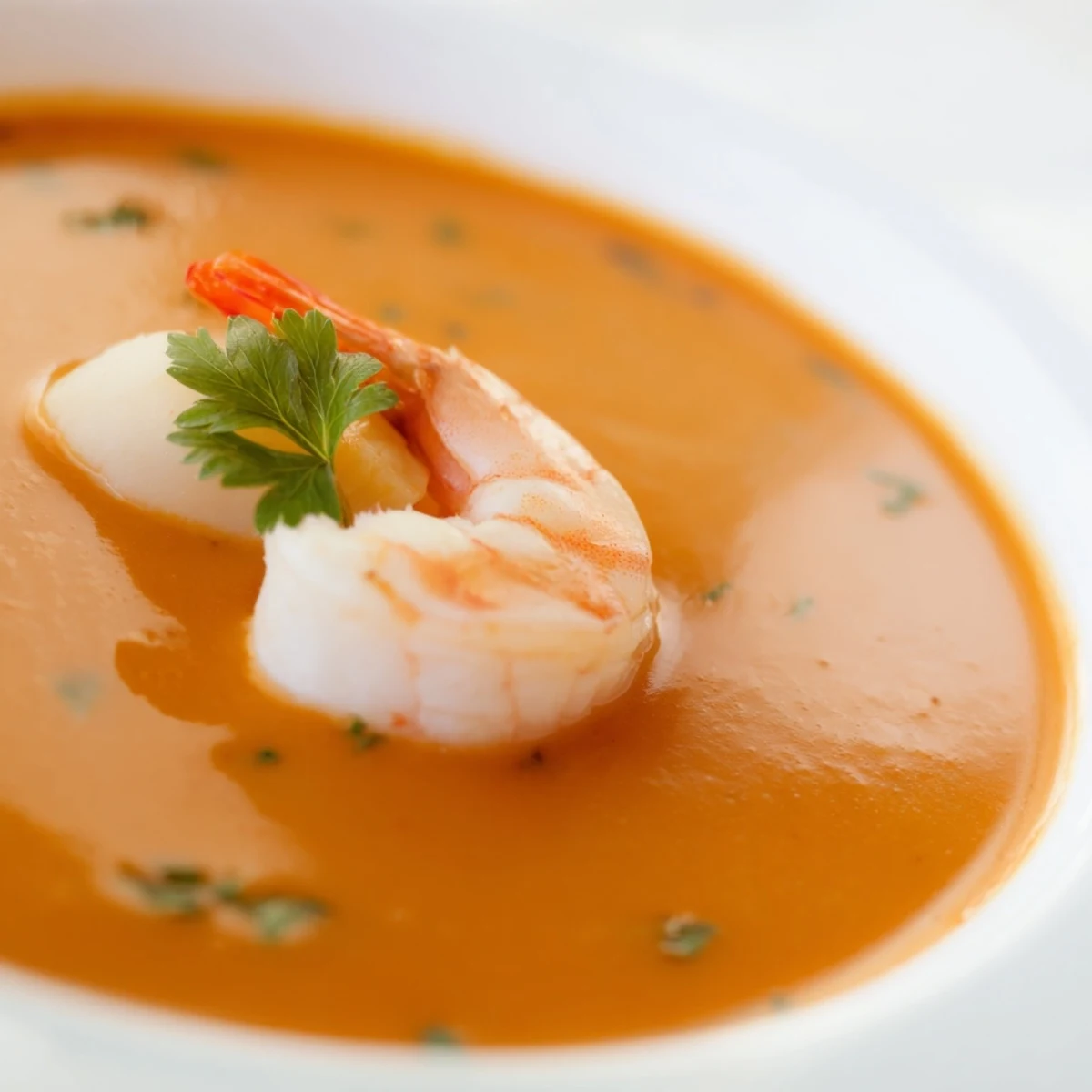 Creamy seafood bisque with tender shrimp, scallops and crab in a deep bowl, garnished with fresh chives