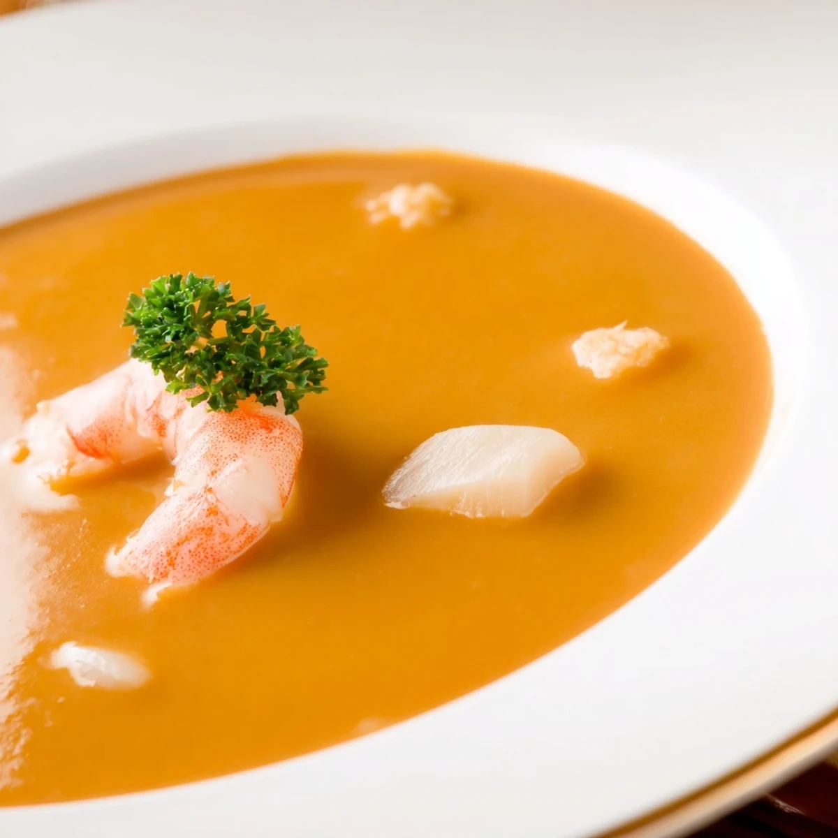 Steaming hot seafood bisque featuring lump crab meat and plump shrimp in a rich, smooth orange-hued broth