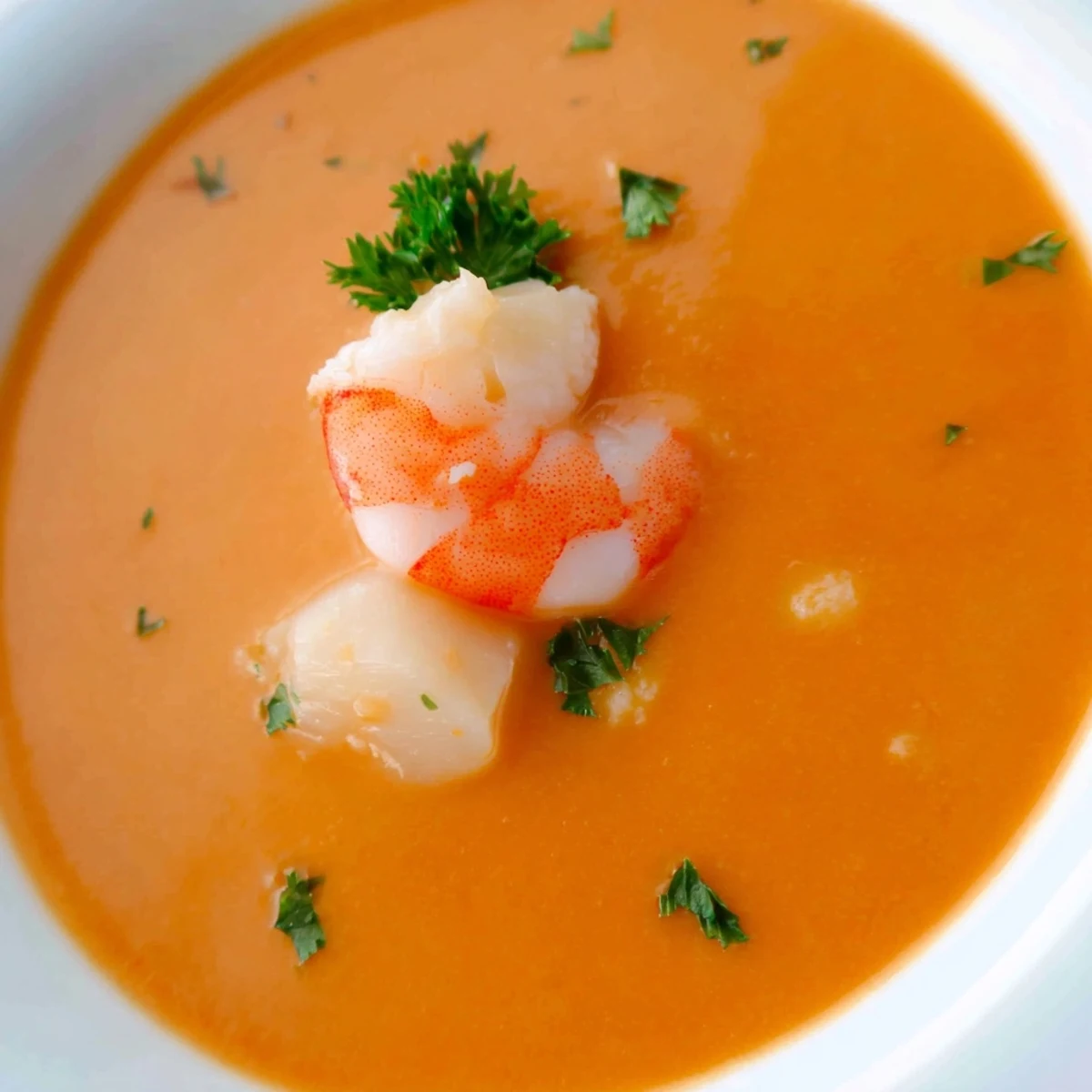 Elegant seafood bisque ladled into a white bowl, showcasing chunks of shrimp and scallops in velvety cream soup