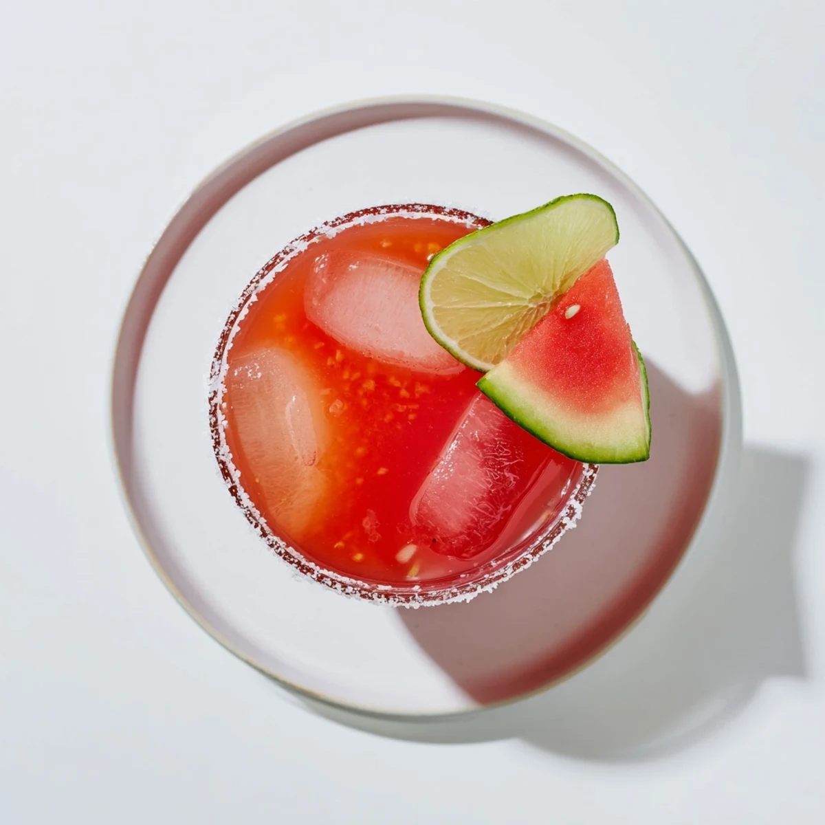 Vibrant pink watermelon margarita mocktail garnished with fresh lime wedges and watermelon slices