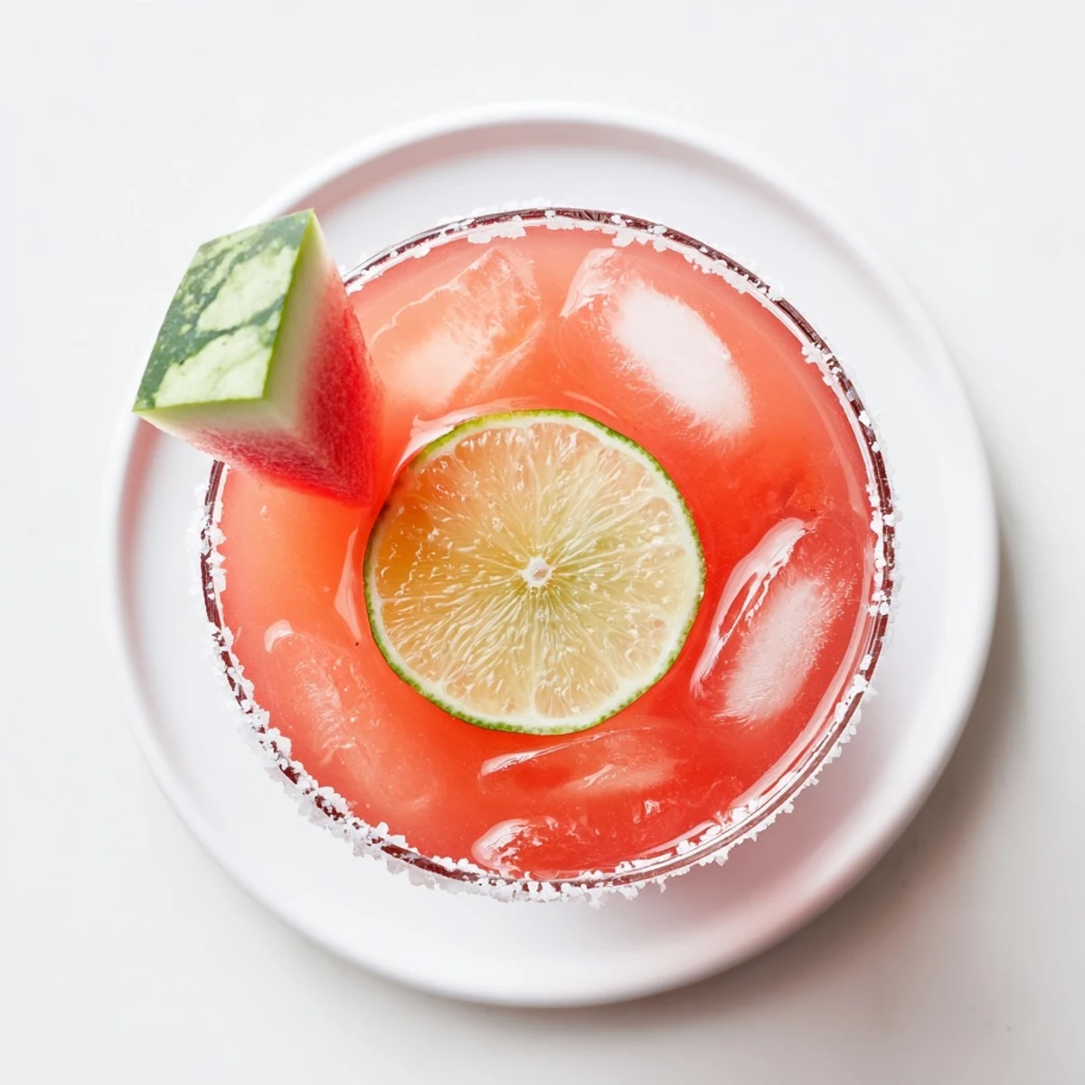 Rimmed glass of watermelon margarita mocktail filled with refreshing pink agua fresca over ice