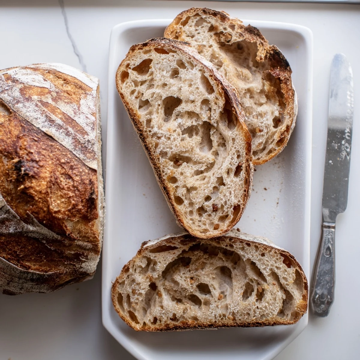 Golden brown sourdough bread loaf with crackly crust sliced on wooden board