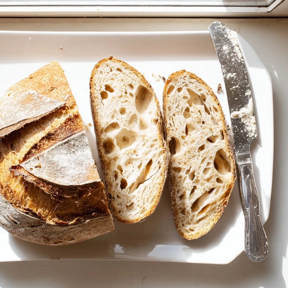 Rustic sourdough bread with airy crumb and crispy crust cooling on wire rack