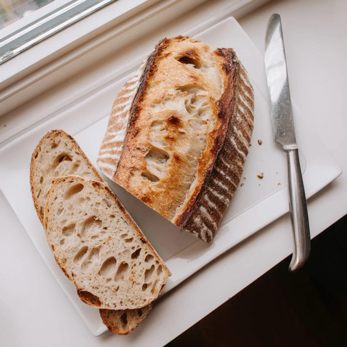 Freshly baked sourdough bread with charred scores and soft interior served warm
