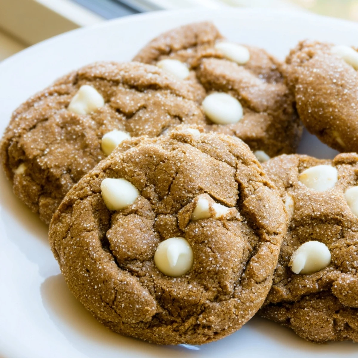 Soft spiced gingerbread white chocolate cookies cooling on a wire baking rack