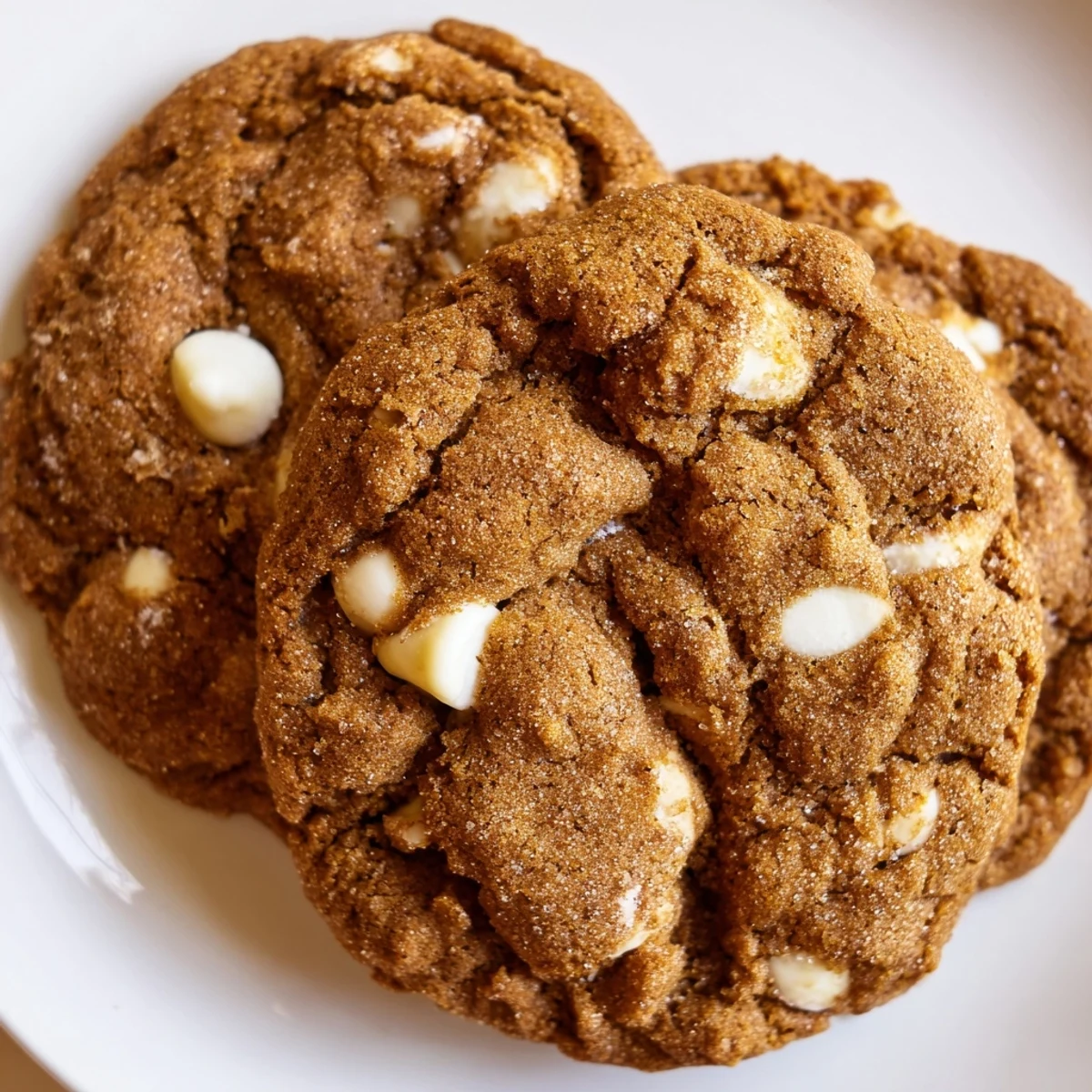 Festive gingerbread cookies dotted with creamy white chocolate chunks on a white plate