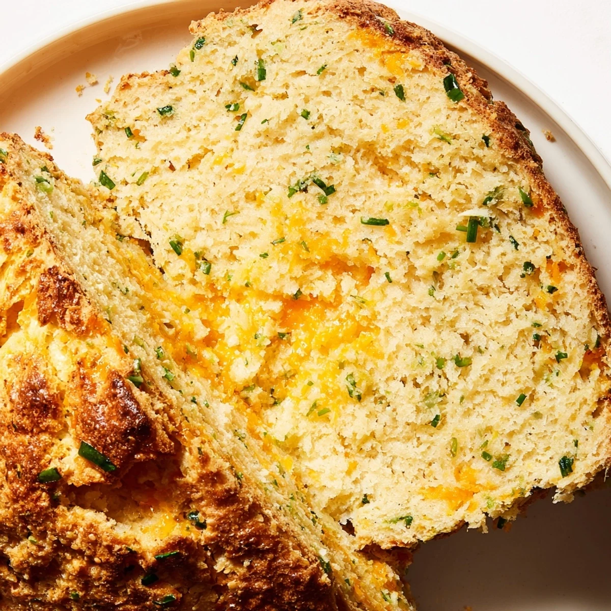 Golden cheddar and herb soda bread loaf with a cross-cut top on a wooden board