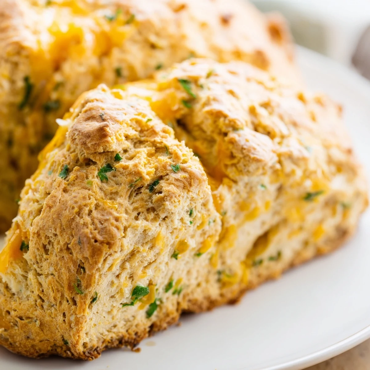 Rustic cheddar and herb soda bread sliced to reveal melted cheese pockets and fresh green herbs