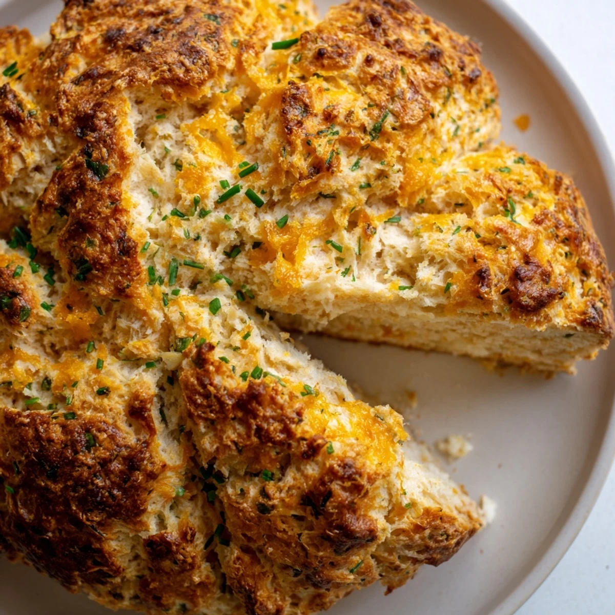 Warm freshly baked cheddar and herb soda bread brushed with butter and ready for serving