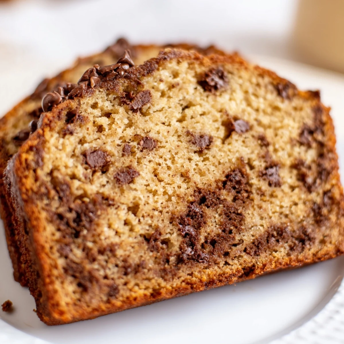Sliced moist chocolate chip banana bread revealing gooey chocolate pieces throughout