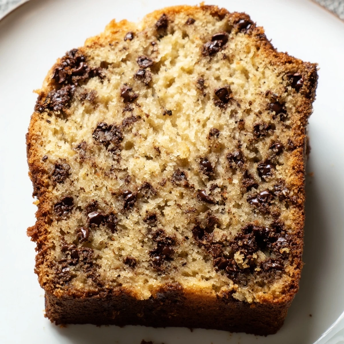 Golden loaf of chocolate chip banana bread with melted chocolate chunks on top