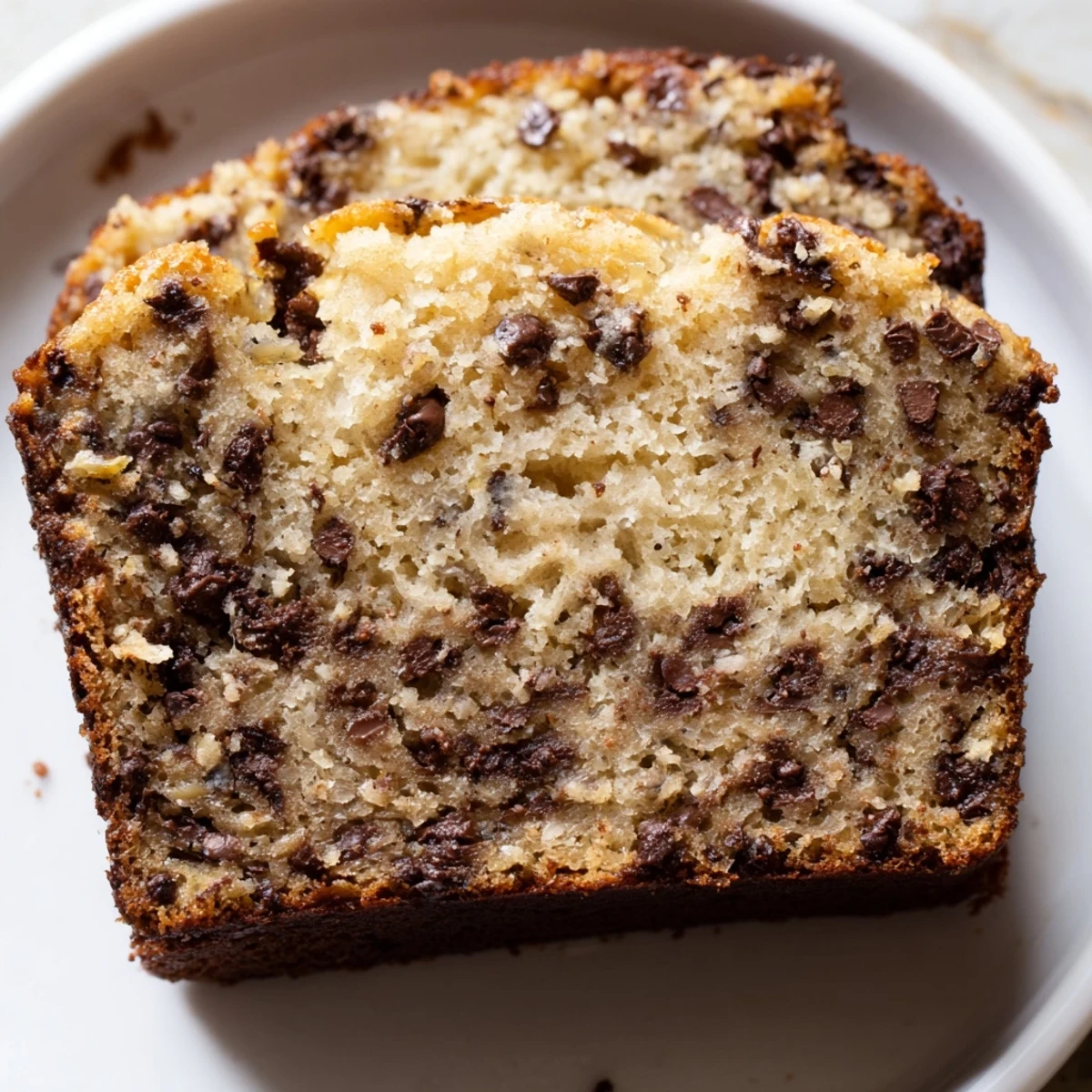 Freshly baked chocolate chip banana bread cooling on wire rack with golden crust
