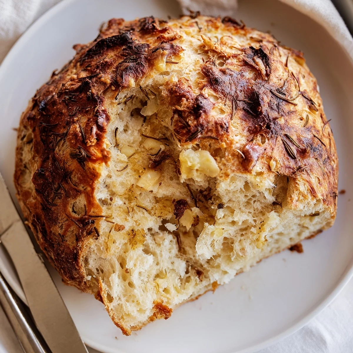 Golden crust Dutch oven garlic rosemary bread fresh from the oven with soft interior
