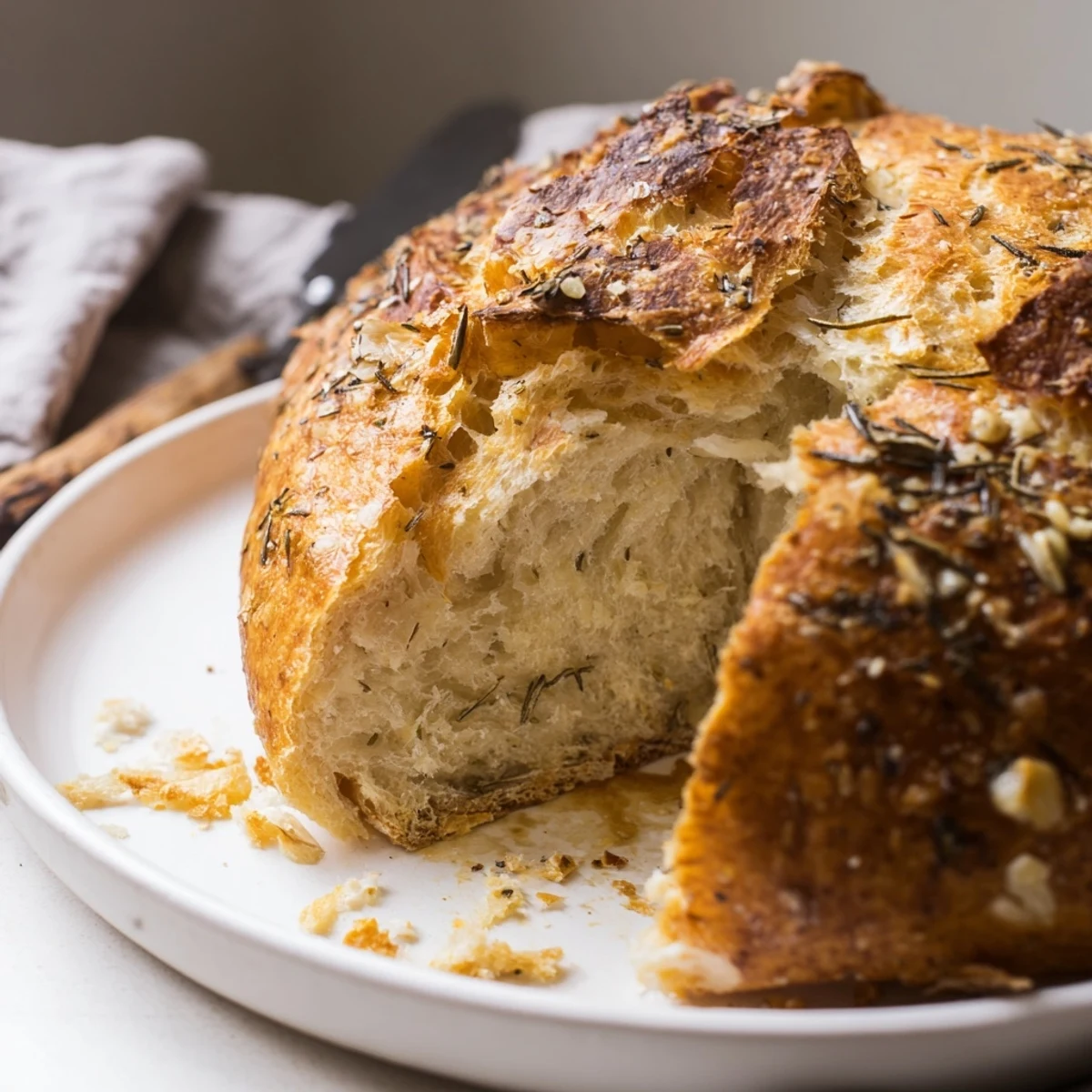 Homemade Dutch oven garlic rosemary bread loaf sliced showing tender crumb and aromatic herbs
