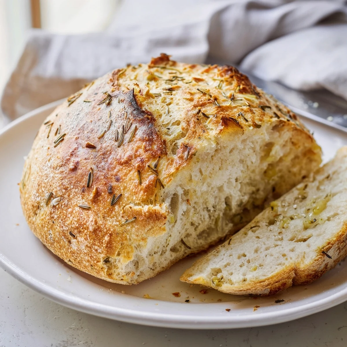 Rustic round loaf of Dutch oven garlic rosemary bread with golden cracked crust surface