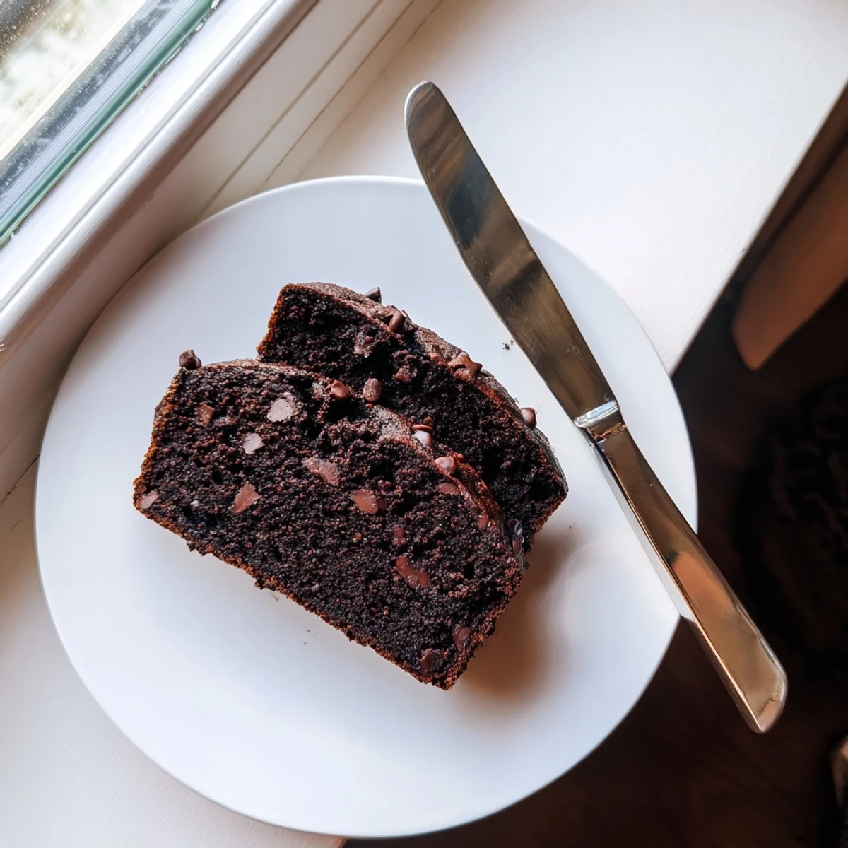Moist chocolate espresso banana bread loaf studded with melted chocolate chips on a wooden cutting board