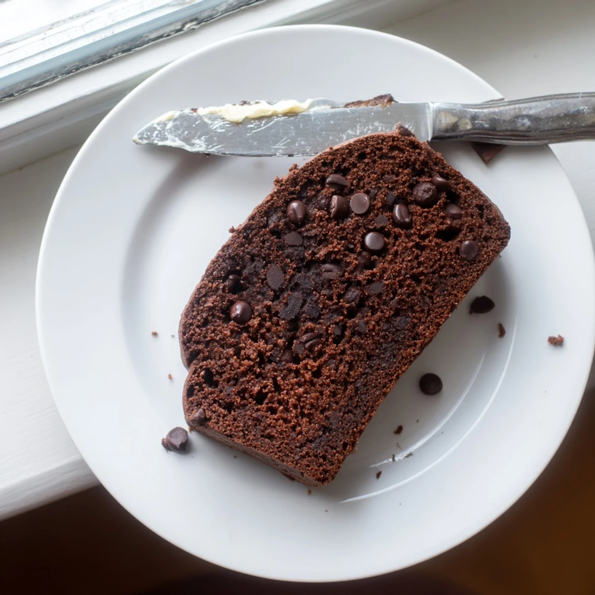 Sliced chocolate espresso banana bread revealing dark cocoa crumbs and speckled chocolate chips on a white plate