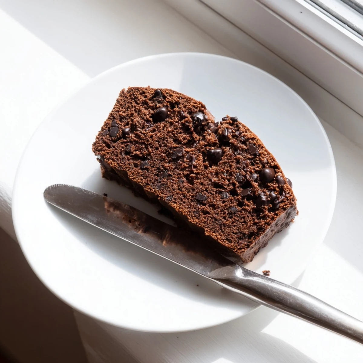 Warm slice of chocolate espresso banana bread served with a cup of freshly brewed coffee