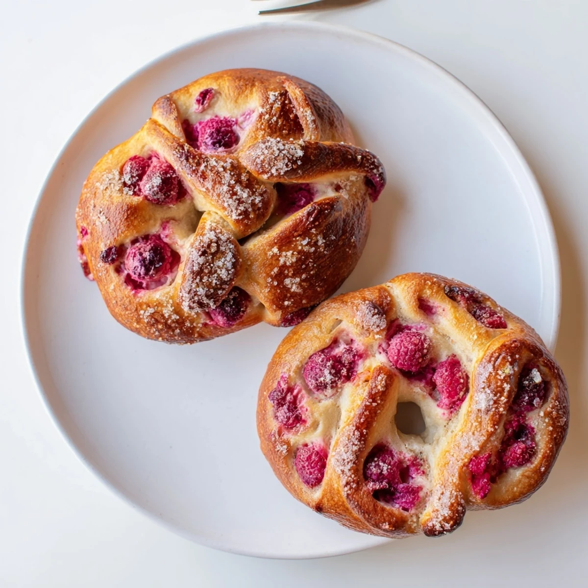 Fresh raspberries peek through chewy sourdough bagels with a golden, glossy crust