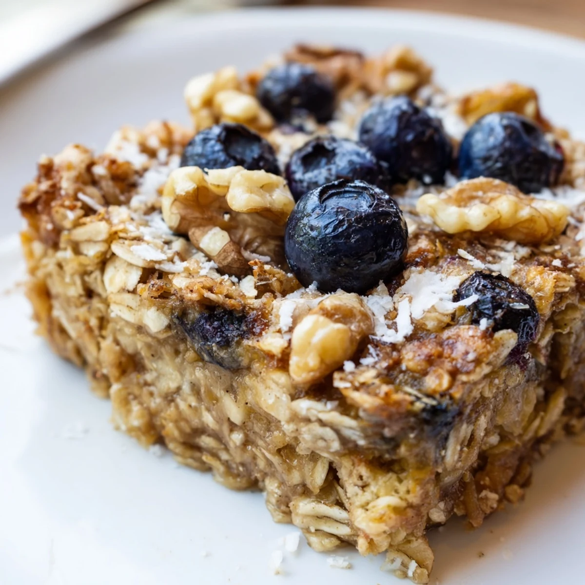 Golden lemon blueberry baked oatmeal with juicy berries bubbling through tender oats