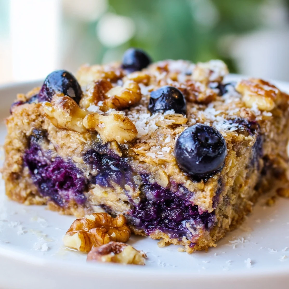 Wholesome baked oatmeal featuring zesty lemon and plump blueberries in a breakfast casserole