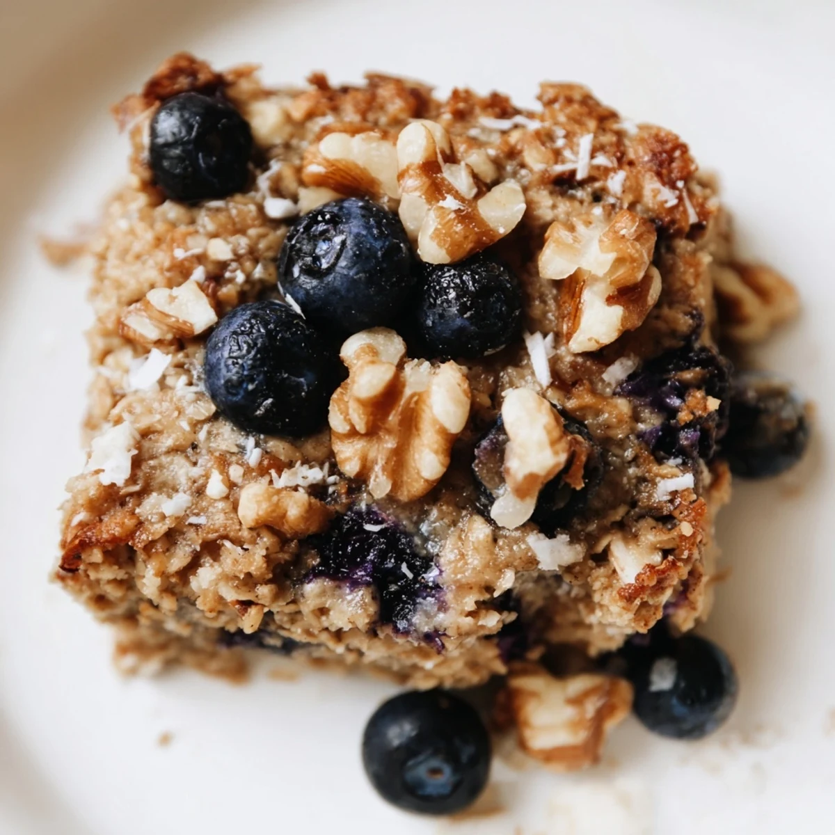 Fresh blueberry lemon baked oatmeal served warm with a golden brown sugar crust
